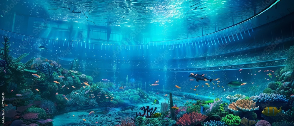 Imagine a stadium adjacent to a coral reef, where underwater LED displays illuminate the scene, styled in a Modernist manner with textfriendly areas