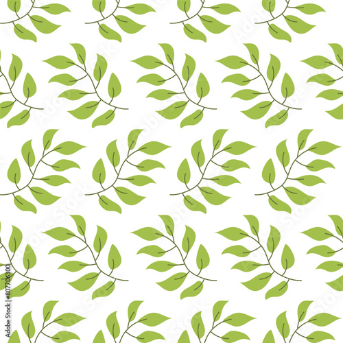 Jungle Plants Seamless Vector Pattern isolated on White Background. Repeat pattern with Tropical green leaves. Summer background for textile, paper and fabric print