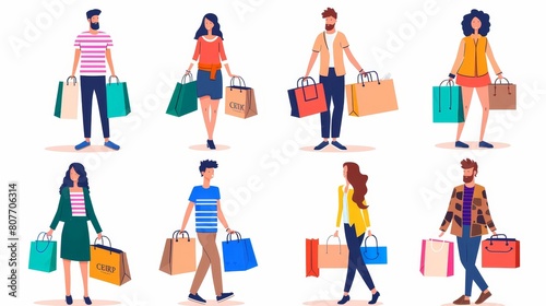Happy shoppers with shopping bags in a mall. Modern flat set of people carrying packages as they walk with bags. Women and men walking with bags isolated on a white background.