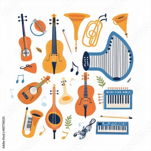 A colorful collection of musical instruments  including a cello  a trombone