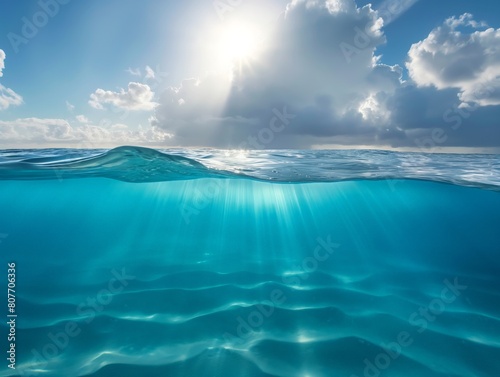 Serene underwater scene with sunlight piercing through the ocean's surface, highlighting the calm beauty of the deep blue sea.