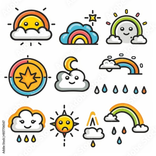 The image is a collection of cartoon weather icons, including rain, sun, clouds