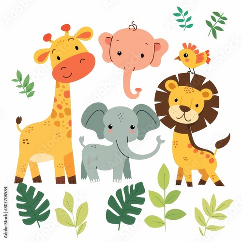 A group of animals, including a giraffe, elephant, lion, and bird