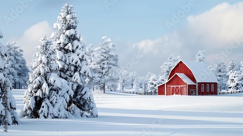 Winter scene with snow-covered fir trees and a red barn, set against a backdrop of untouched white snow. © Ahmad
