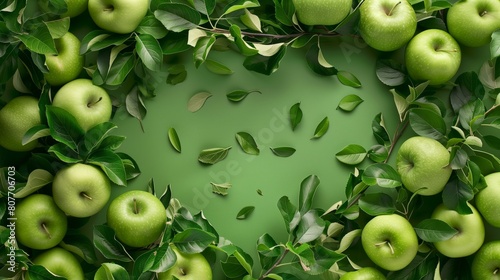 Lush green apples surrounded by fresh leaves on a green background with ample copy space.