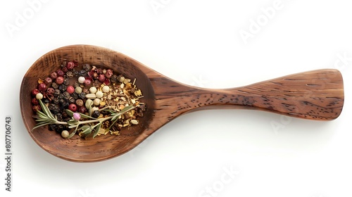Wooden spoon adorned with an assortment of spices, isolated on a neutral white background, elevating the essence of cooking.