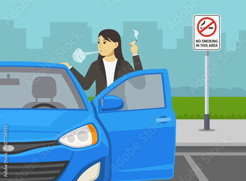 Female driver smoking on outdoor parking. No smoking sign area. Front view. Flat vector illustration template.