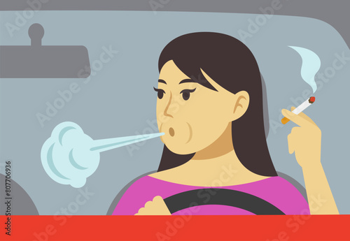 Close-up of a female driver smoking cigarette in a car. Front view. Flat vector illustration template.