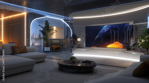 A futuristic TV lounge with voice-activated ambient lighting and a transparent OLED TV