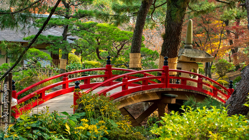 Typical Japanese bridge in Hiroshima autumn park, Japan 