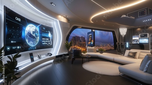 A futuristic TV lounge with voice-activated smart home features and a curved OLED screen