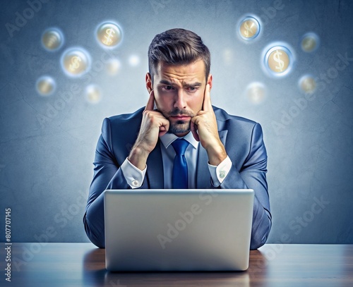 Thoughtful businessman with floating currency icons
