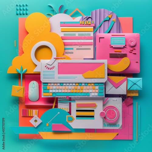 Paper art and craft style of email marketing in cyberpunk 80s color, colorful banner photo