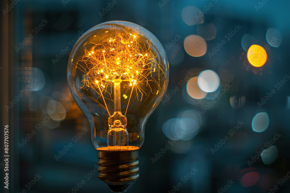 Light bulb with bright yellow light inside on a blurred background. Generated by artificial intelligence Light bulb with bright yellow light inside on a blurred background. Generated by artificial intelligence