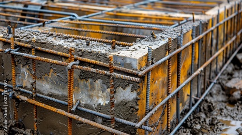 Close-up of wet concrete in forms with rusted reinforcing rebar at a construction site.