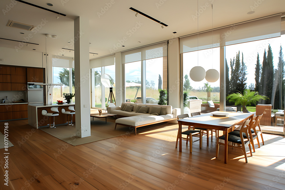 Fototapeta premium dining room Open loft style interior with living area.
