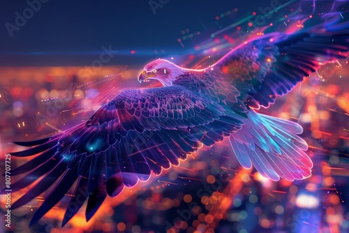 Picture a cyberenhanced eagle soaring over a digital cityscape, its wings glowing with neon lights