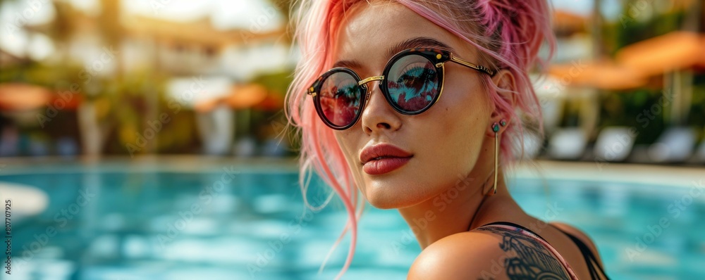 Happy teenager on summer vacation in a luxury resort. Summer holidays concept.. Portrait of a beautiful teenage tattooed influencer with pink hair and piercings having fun at a luxury resort Happy teenager on summer vacation in a luxury resort. Summer holidays concept.. Portrait of a beautiful teenage tattooed influencer with pink hair and piercings having fun at a luxury resort