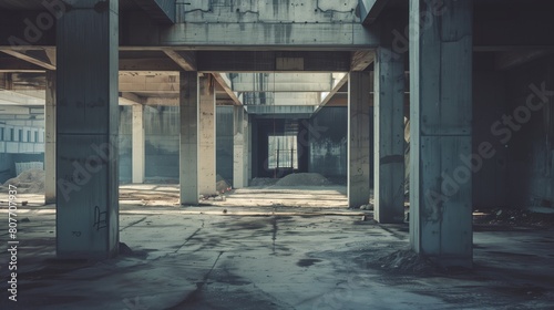 Abandoned industrial building interior with concrete columns and scattered debris. photo