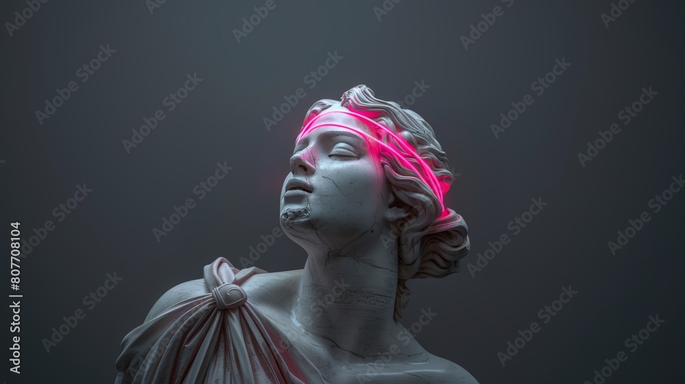 a white sculpture of the head and shoulders of an ancient greek woman with pink neon light covering her eyes, black background, hyper realistic photography