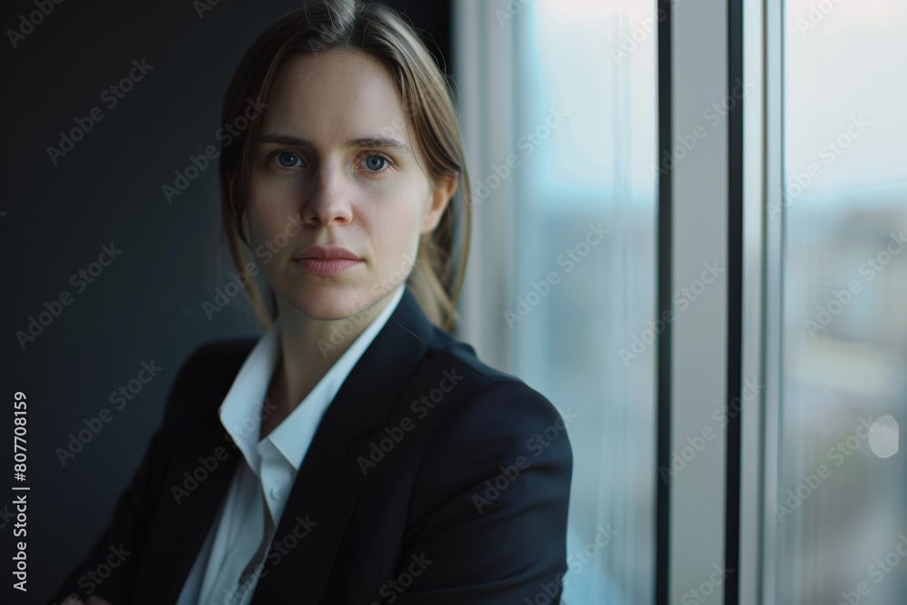 A confident businesswoman stands by the window, exuding strength and determination. A confident businesswoman stands by the window, exuding strength and determination.