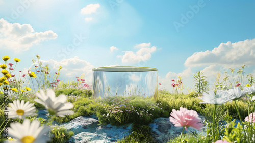 3d render spring scene and Natural background, Stone podium on the colorful flowers and grass field, backdrop blue sky and cloud for product display, transparence, mockup glass
