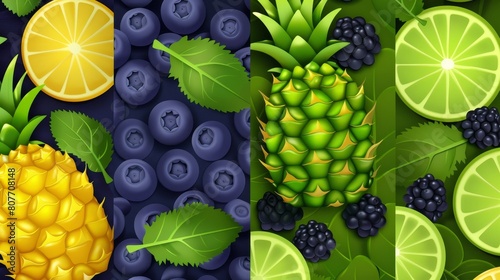 The seamless pattern of ripe blackberries, anans, and green citrus rinds makes this a perfect game background. photo