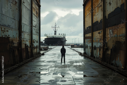 Lone figure walks towards a ship in a moody dockyard, under a brooding sky.