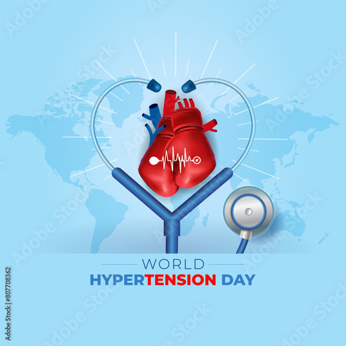 World Hypertension Day poster. Heart attack, High Blood Pressure Prevention medical health care stethoscope and awareness design.