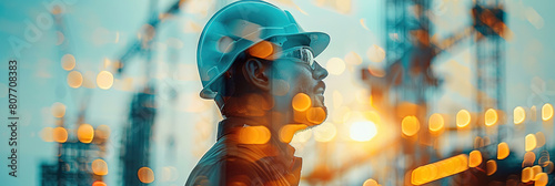 Close up, male Construction engineering concept, represented by a double exposure of building engineers, architects, or construction workers at work, with empty copy copy space