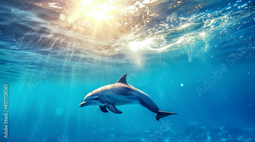 A vibrant underwater image featuring a dolphin swimming gracefully beneath the sunlit water.
