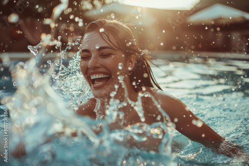Joyful woman splashing in a pool  embracing the essence of summer fun.