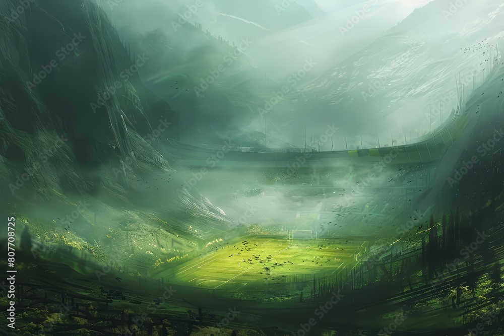 Think of a stadium nestled in a valley, where fog machines create a mysterious atmosphere, styled in a postimpressionistic manner with textfriendly margins Think of a stadium nestled in a valley, where fog machines create a mysterious atmosphere, styled in a postimpressionistic manner with textfriendly margins