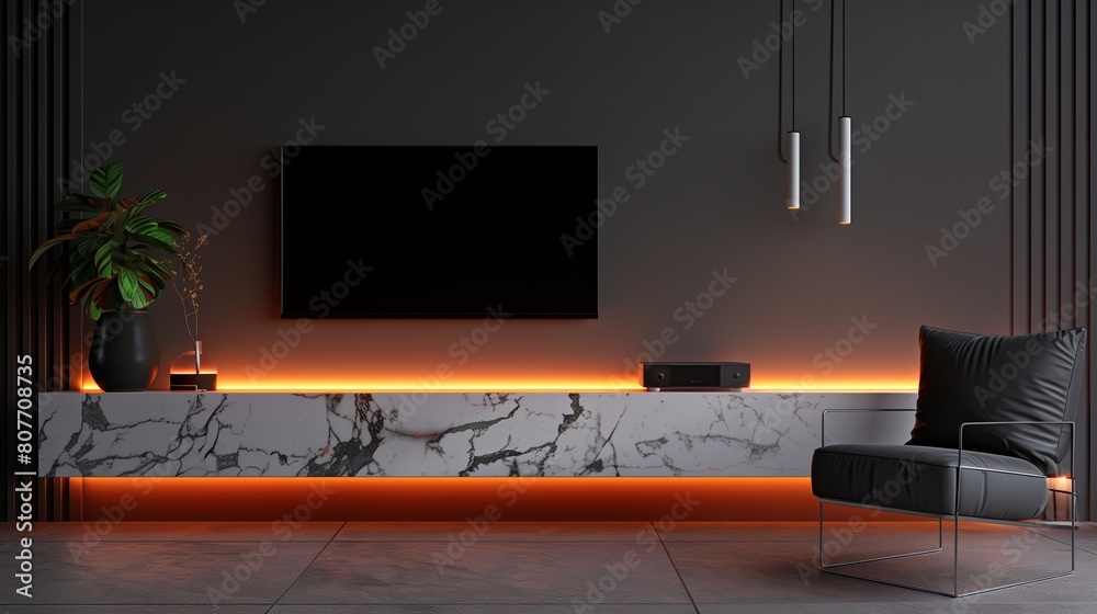 A sleek minimalist TV lounge with a floating marble media console and ambient LED lighting A sleek minimalist TV lounge with a floating marble media console and ambient LED lighting