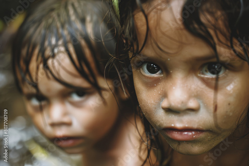 Unspoken stories in the gaze of rain-soaked children, emotional depth. photo