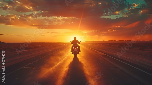 AI generated illustration of a motorcyclist riding into sunset on road