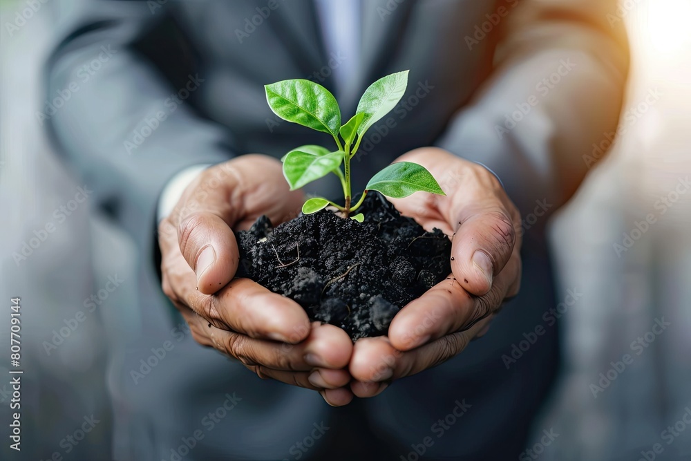 A businessman in a suit carefully holds a young green plant in soil, symbolizing sustainability and corporate responsibility. A businessman in a suit carefully holds a young green plant in soil, symbolizing sustainability and corporate responsibility.
