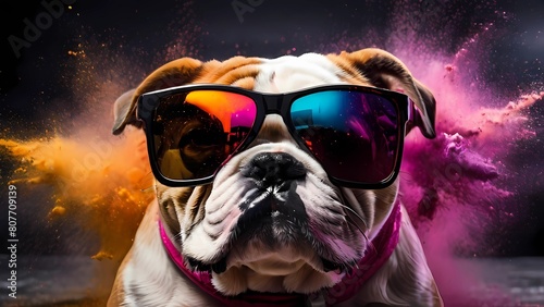 adorable pitbull dog wear sunglasses with dark background photo