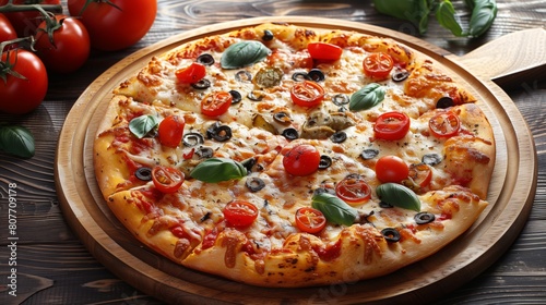 A freshly baked pizza topped with tomatoes, olives, basil, and melted cheese on a wooden board.