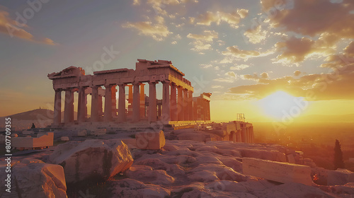 The Acropolis of Athens, historic ruins at sunrise. Generative AI illustration 