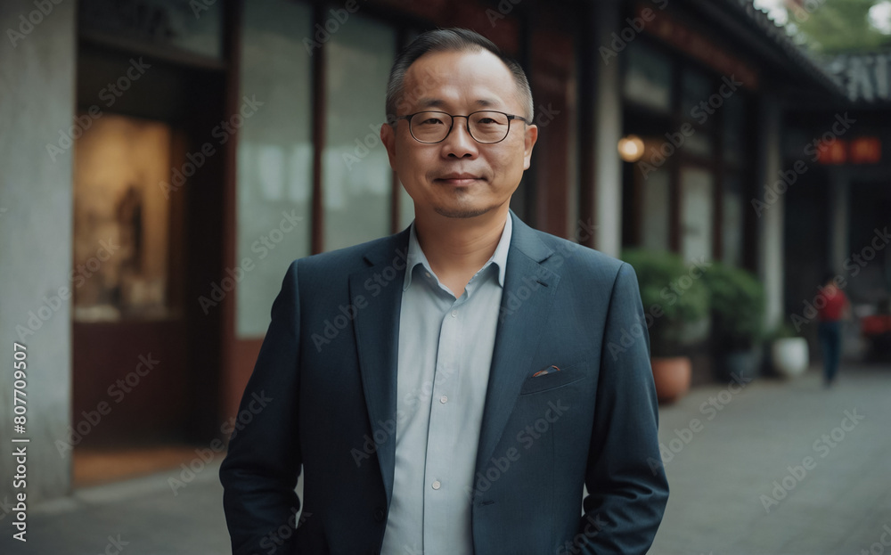 Close-up of a 40-year-old Asian man wearing glasses and a business suit. Company employee.