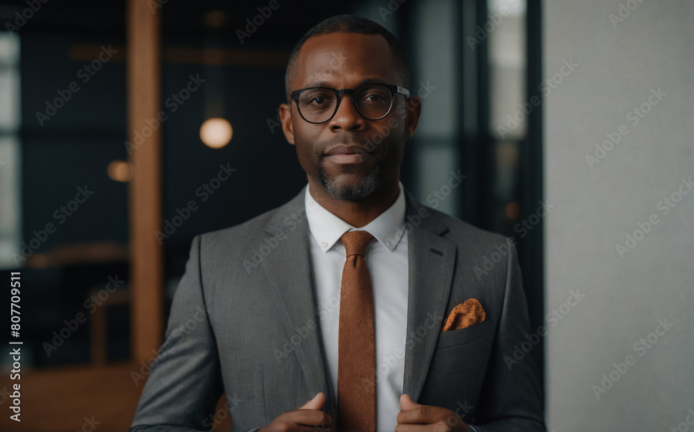 Close-up of a 40-year-old African American black man wearing glasses and a business suit. Company employee.