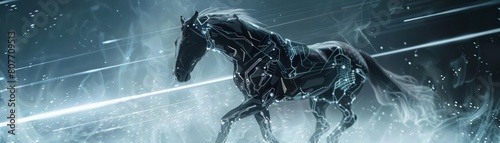 Visualize a cybernetic horse with jet propulsion, galloping across a landscape of holographic plains photo