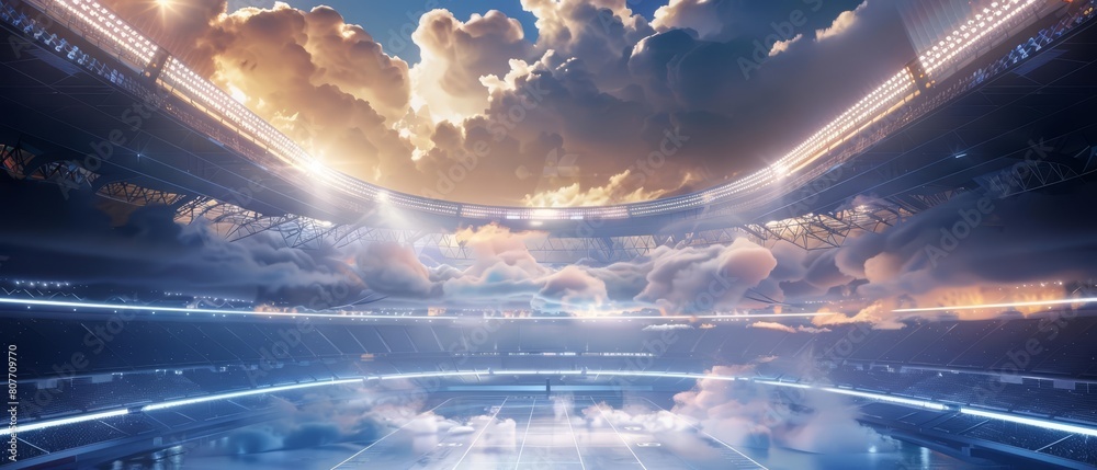 Visualize a stadium within a cloud, accessed by virtual reality, styled in a Futurist manner with areas designed for text Visualize a stadium within a cloud, accessed by virtual reality, styled in a Futurist manner with areas designed for text