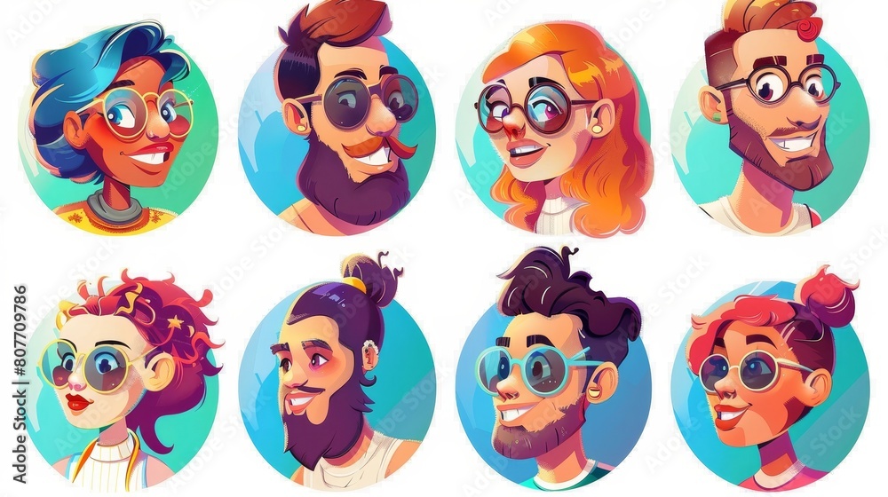 Modern set of male and female portraits with different hairstyles, glasses, and beards. Modern avatars with funny characters. Modern set of male and female portraits with different hairstyles, glasses, and beards. Modern avatars with funny characters.