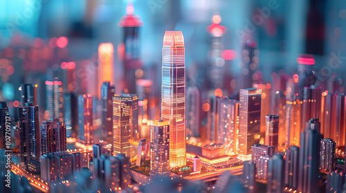 A skyscraper model, with futuristic lighting as the background, during a cityscape exhibition