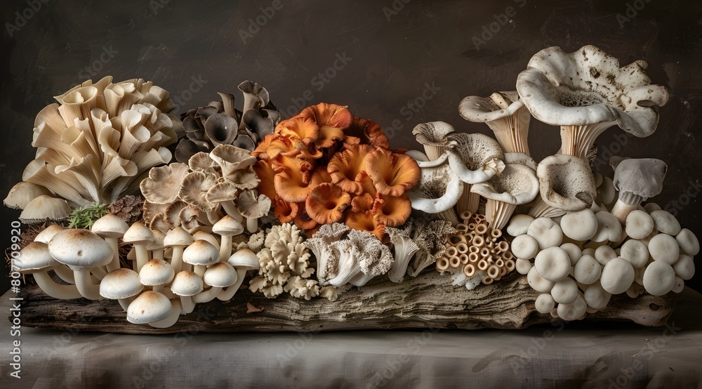 Mushrooms on a log, several varieties, forest foraging, natures beauty, landscape. Mushrooms on a log, several varieties, forest foraging, natures beauty, landscape.