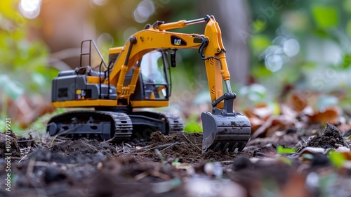 Detailed close-up of a toy excavator model working among autumn leaves and soil, with soft bokeh background.
