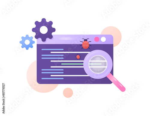 Search for bugs in the program script. coding analysis. look for bugs or security gaps in a system or software. bug bounty. analyzing and troubleshooting. design concept. graphic elements