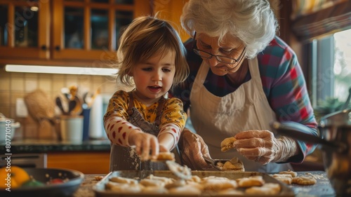 Baking day with grandma and child, kitchen fun making cookies, warm and inviting, Canon EOS R5 at F2, natural lighting photo